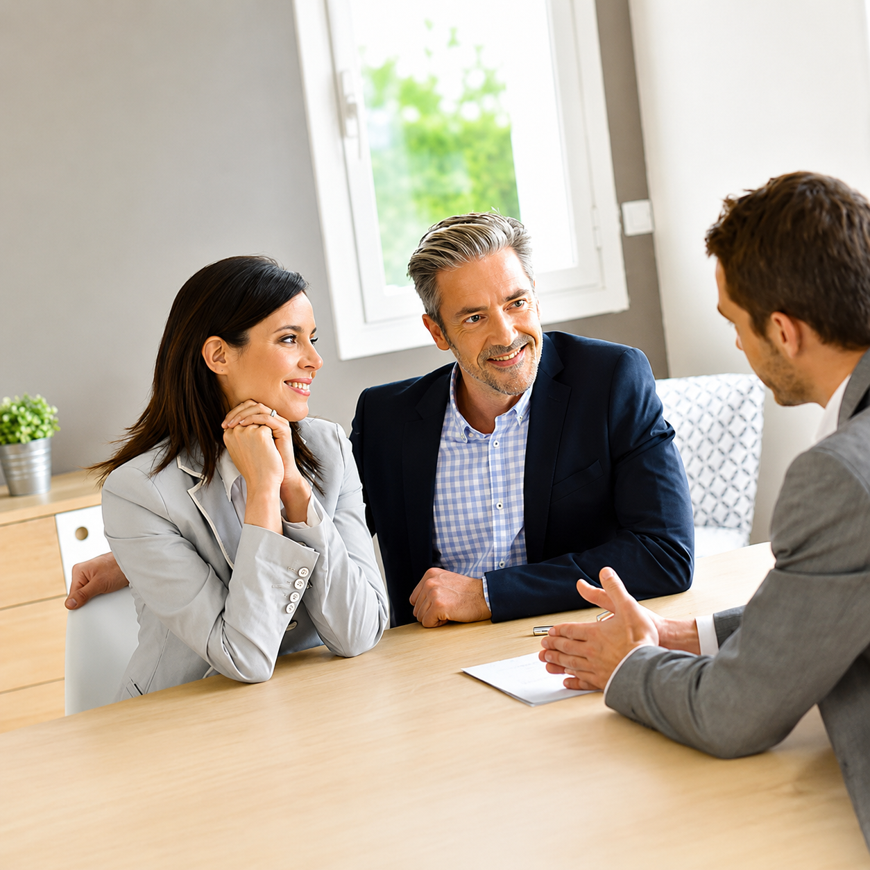 Couple souriant en rendez-vous avec un conseiller BNP PARIBAS pour un prêt professionnel